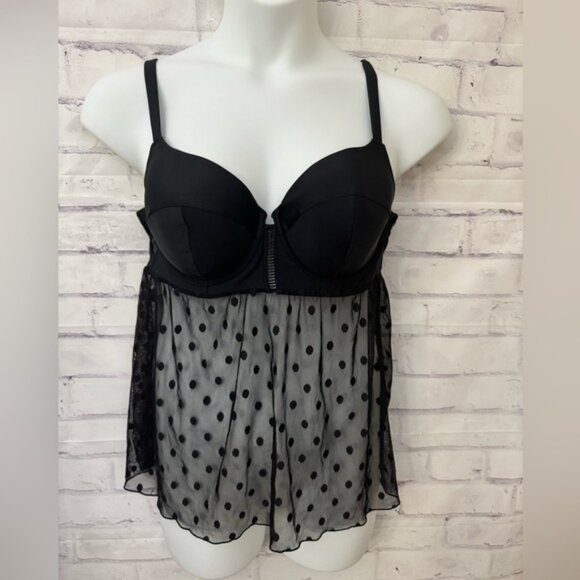 Swim By Cacique Balconette 40C Black Tankini Swimsuit Top Sheer Polka‎ Dot - Picture 1 of 11